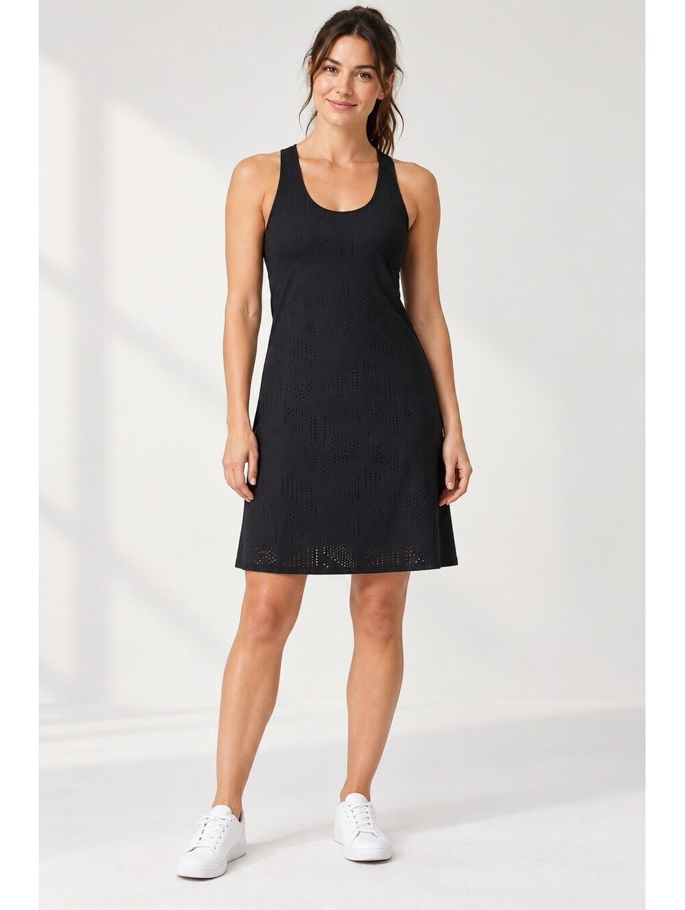 Athleta Black Solid Cut-Out Breathable Racerback Tank Dress Knee Length XXS